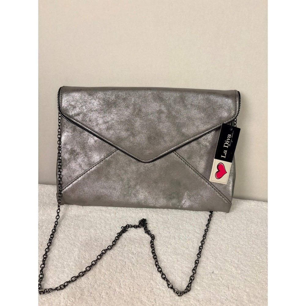 La Diva‎ Metallic Silver Envelope Clutch Chain Crossbody Bag Evening Party